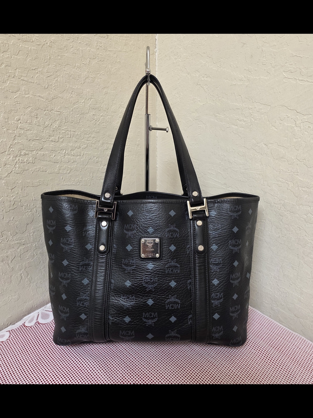 MCM Black Monogram Handbag Tote Bag AUTHENTIC